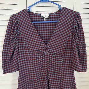Ganni Burgundy and Teal Checkered Blouse